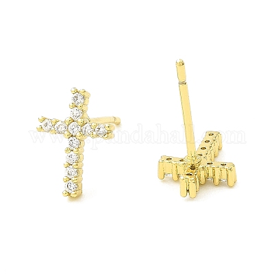 Серьги-гвоздики из латуни с микропаве и кубическим цирконием EJEW-L270-22G-1