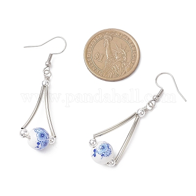 Круглые серьги-подвески ручной работы с цветочным принтом EJEW-JE06800-1