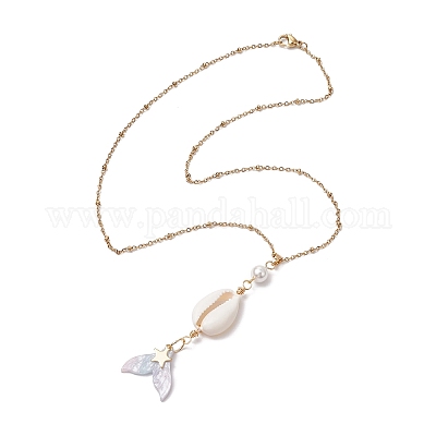 Ожерелья с подвеской в виде хвоста русалки из натуральной ракушки каури NJEW-JN05233-1