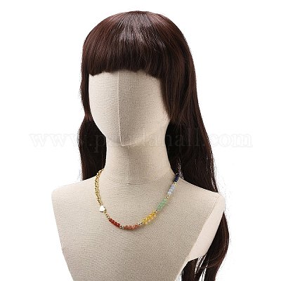 Колье из бисера из натуральных смешанных драгоценных камней с сердцем из эмали NJEW-JN04085-1