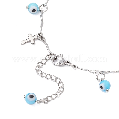 Браслеты на ногу ручной работы с подвесками в виде сглаза и цепочкой из нержавеющей стали 304 с перекрещивающимися звеньями и кисточками для женщин AJEW-AN00741-03-1