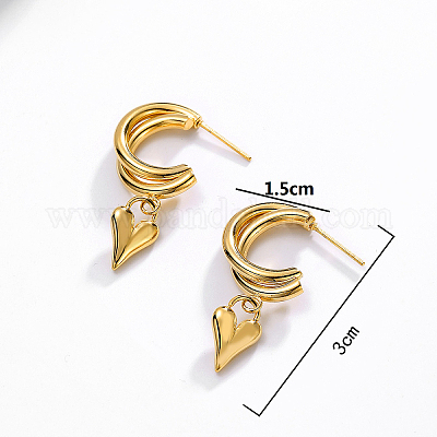 Винтажные серьги-гвоздики из нержавеющей стали 201 в форме буквы С с подвесками в форме сердца RJ0929-1-1