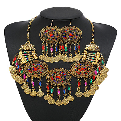 Комплекты из плоских круглых кулонов со стразами из сплава и серег-подвесок для женщин FS-WG4A221-02-1