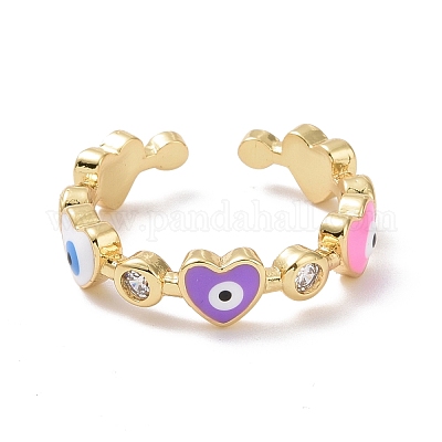 Открытая манжета с красочным эмалированным сердцем и кубическим цирконием RJEW-P032-10G-1