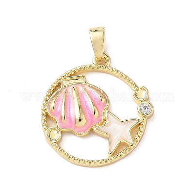 Плоская круглая подвеска в форме ракушки с микропаве из латуни с прозрачными кубическими циркониями KK-P334-17G-02-1