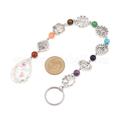 Подвесные ловцы солнца из каплевидного стекла и круглых бусин из натуральных и синтетических драгоценных камней HJEW-JM04210-1