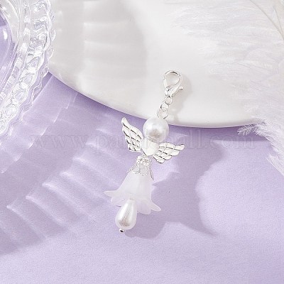 Подвеска в виде ангела из матового акрила и стеклянного жемчуга HJEW-JM03490-01-1