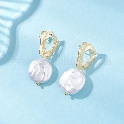 Плоские круглые серьги-гвоздики с натуральным жемчугом кеши EJEW-JE06685-1