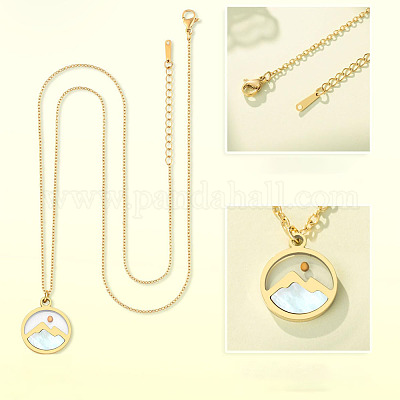 Плоские круглые 201 нержавеющая сталь паве натуральные ракушки горчичные семена кулон ожерелья для женщин&nbsp;WG511AE-05-1