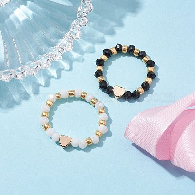 Стеклянные стрейч-кольца с позолоченными латунными бусинами в форме сердца RJEW-JR00660-01-1