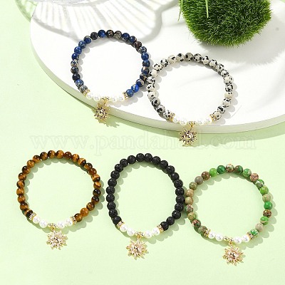 Комплекты тянущихся браслетов с круглыми драгоценными камнями и ракушками диаметром 6 мм BJEW-JB10921-1