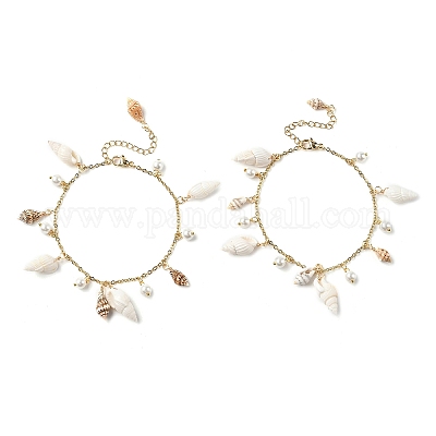 Браслеты с подвесками из натуральной спиральной ракушки и стеклянного жемчуга AJEW-AN00567-1