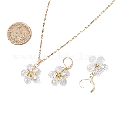 Комплекты из стеклянных и стеклянных бусин с подвесками в виде цветов и серег-колец SJEW-MZ00011-1