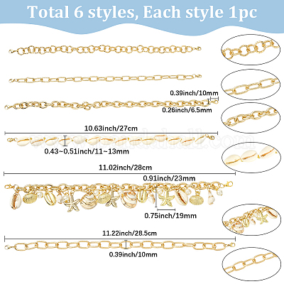 6 шт. 6 стиля ракушка каури на морскую тематику и цепочка с крышкой из алюминиевого и латунного сплава HJEW-SC0002-36-1