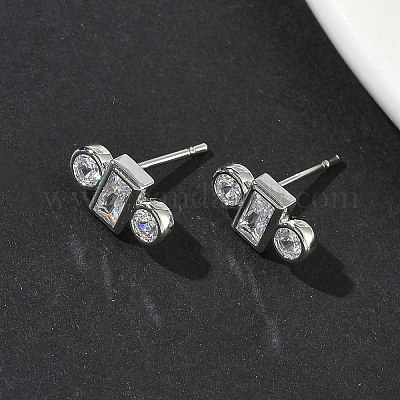 Серьги-гвоздики с квадратом и круглыми плоскими латунными кристаллами с микропаве из прозрачного кубического циркония EJEW-G452-12P-1