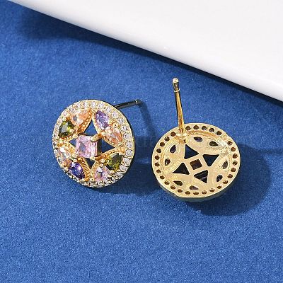 Латунные плоские круглые серьги-гвоздики с микропаве из кубических цирконий EJEW-F400-18G-1