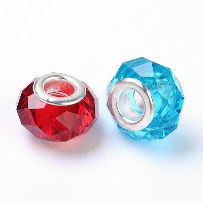 100pcs Handmade Glass European Beads 14x8mm Large Hole Beads Silver Color  Brass Core, Mixed Color,, Hole: 5mm