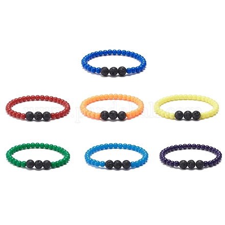 7 stücke 7 farben acryl & natürliche lavagestein runde perlen stretch armbänder sets BJEW-JB08551-1