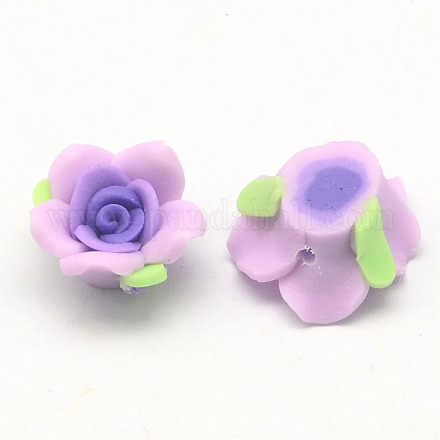 Handmade Polymer Clay 3D Flower with Leaf Beads CLAY-Q202-15mm-04-1