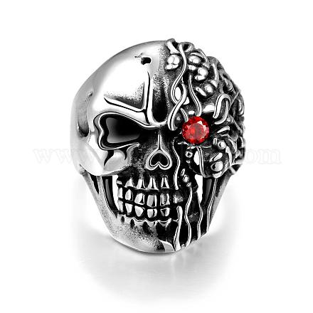 Punk Style Skull 316L Stainless Steel Cubic Zirconia Wide Band Finger Rings for Men RJEW-BB01174-10AS-1