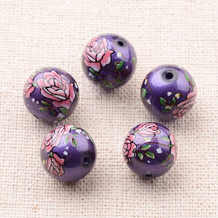 Flower Picture Printed Glass Round Beads GLAA-J090-12mm-B01-1