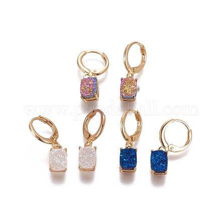 Electroplated Natural Druzy Agate Dangle Hoop Earrings EJEW-F221-05-G-1