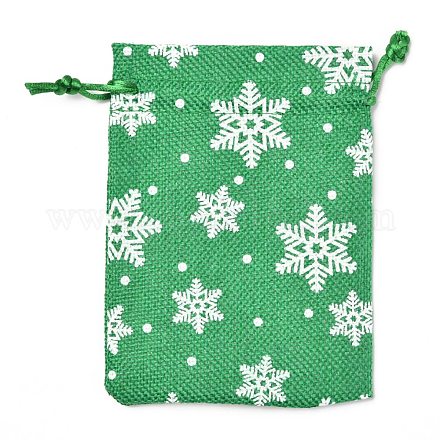 クリスマスをテーマにした黄麻布のパッキングポーチ  巾着袋  雪の結晶模様と  グリーン  14.5x10.1x0.3cm ABAG-L007-01A-01-1