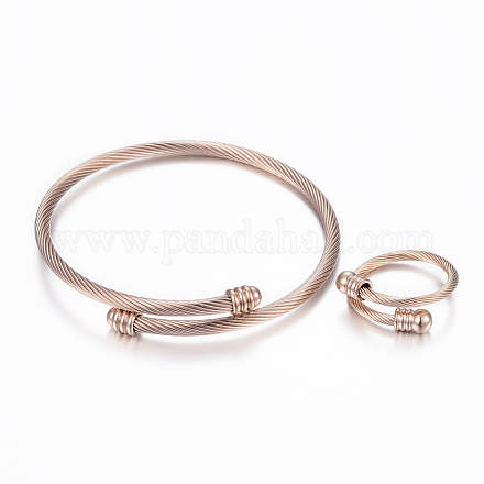 Trendy 304 Stainless Steel Torque Bangles & Rings Sets SJEW-H073-07RG-1