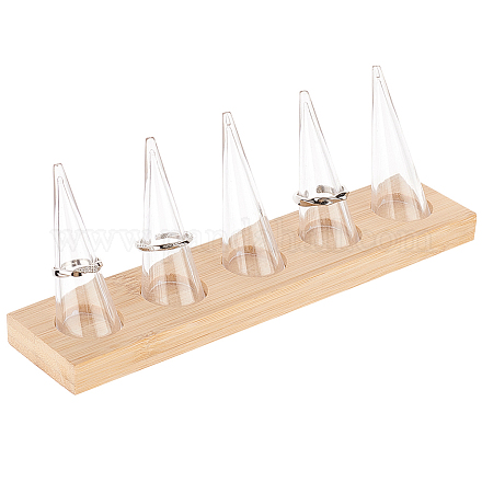 FINGERINSPIRE 5 pcs Clear Acrylic Ring Cone Acrylic Finger Ring Display Stands with Bamboo Base 7.87x1.77x2.76inch Ring Finger Display Stand Cone Shape Acrylic Ring Display Ring Organizer Holder RDIS-WH0002-16-1