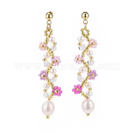 Natural Pearl with Glass Seed Flower Dangle Stud Earrings EJEW-MZ00026-1
