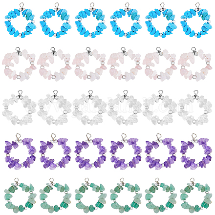 DICOSMETIC Natural Stone Chip Pendants Circle Chip Beads Charms with Tiny Spacer Beads Copper Wire Wrapped Crystal Charms with Mixed Color for DIY Jewelry Making G-DC0001-21-1