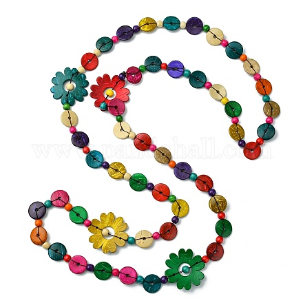 Halsketten mit gefärbten natürlichen Kokosnussblüten und flachen runden Perlen NJEW-B088-02-1