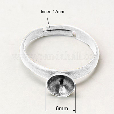 真鍮のリング取付とセッティング  調整可能  銀  トレイ：6mm  ピン：0.6mm  内径：17mm X-KK-I018-S-1