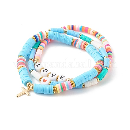 Ensembles de bracelets extensibles de perles heishi en argile polymère pour la saint valentin BJEW-JB06298-01-1