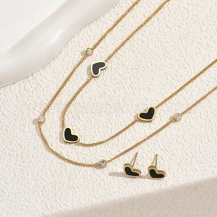 Комплект из двухслойного ожерелья и серег-гвоздиков в корейском стиле из нержавеющей стали в форме сердца ZA8434-1