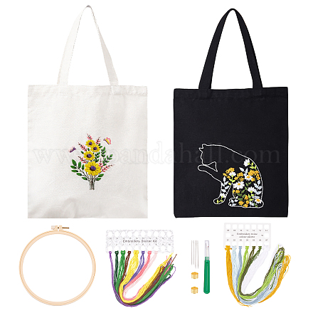 CHGCRAFT DIY Flower & Cat Pattern Canvas Bag Embroidery Starter Kit DIY-CA0003-76-1