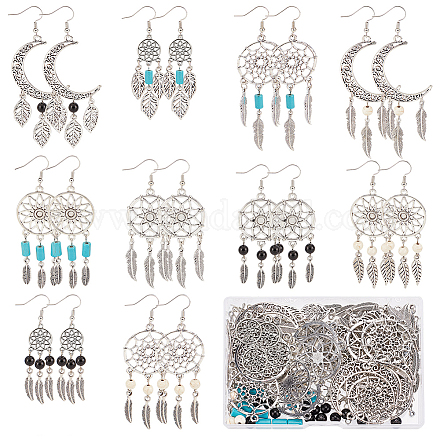 SUNNYCLUE 1 Box DIY 10 Pairs Boho Style Dream Catcher Charms Earrings Making Kit Bohemian Chandelier Charms Crescent Moon Leaf Charm Feather Charms Synthetic Turquoise Beads for Jewelry Making Kits DIY-SC0020-94-1
