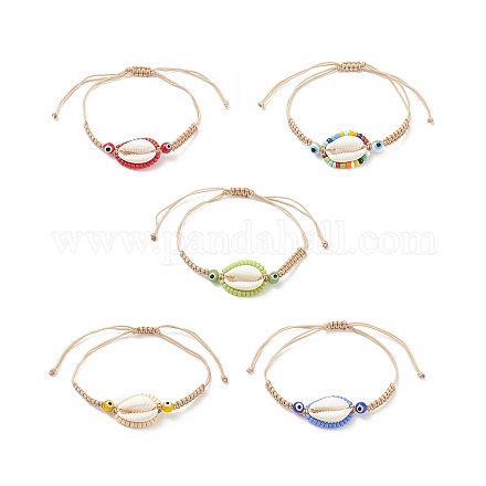 5 pièces 5 couleurs coquillage cauri naturel & graine de verre & lampwork mauvais œil tressé perle bracelets ensemble BJEW-TA00198-1