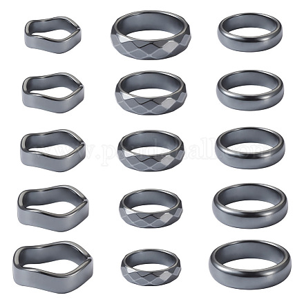 Biyun 15pcs 15 estilos de anillos de dedo de banda lisa de hematita sintética RJEW-BY0001-01-1