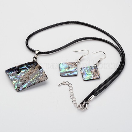 Rhombus Waxed Cord Natural Paua Shell Pendant Necklaces and Earrings Jewelry Sets SJEW-M088-05-1