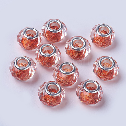 カット加工ガラスヨーロピアンビーズ  大穴ビーズ  シルバーカラーの真鍮のコアを持つ  ロンデル  レッドオレンジ  13x9.5~10mm  穴：4.5mm GLAA-F082-B09-1
