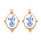 304 Stainless Steel Enamel Pendants, Oval with Flower Pattern Charms, Ion Plating(IP), Real 18K Gold Plated, Deep Sky Blue, 32x20mm
