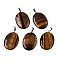 Natural Tiger Eye Pendants, Flat Oval Charms with Metal Snap on Bails, Platinum, 34~34.5x22x5~5.5mm, Hole: 2.5x5.5mm