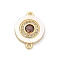 Brass Micro Pave Clear Cubic Zirconia & Shell Connector Charms, with Orange Red Glass, Real 18K Gold Plated, Flat Round, 16.5x12x2.5mm, Hole: 1.2mm