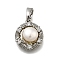 Natural Freshwater Pearl Flat Round Charms, Brass Clear Cubic Zirconia Charms, Platinum, 13x11x5mm, Hole: 4.5x3mm