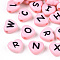 Horizontal Hole Opaque Acrylic Beads, Heart with Random Letters, Pink, 10.5x11.5x4.5mm, Hole: 2mm, about 1200pcs/500g