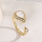 Brass Micro Pave Cubic Zirconia Open Cuff Rings for Women, with Synthesis Shell, Real 18K Gold Plated, Teardrop, Inner Diameter: 16.8mm
