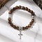 Cross Alloy Charm Bracelets, Natural Wood Round Beaded Stretch Bracelets for Men Women, Saddle Brown, Inner Diameter: 2-1/4 inch(5.75cm)