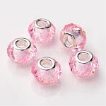 Rondelle ручной кристалл европейские шарики шарма Браслеты, бусины с большим отверстием, платинового цвета латунным стержнем, розовые, 14x10 мм, отверстие : 5 мм