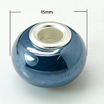 Abalorios europeos de porcelana hechas a mano, con núcleos dobles de latón en color plata, rerondana plana, azul marino, 15x10~11mm, agujero: 5 mm